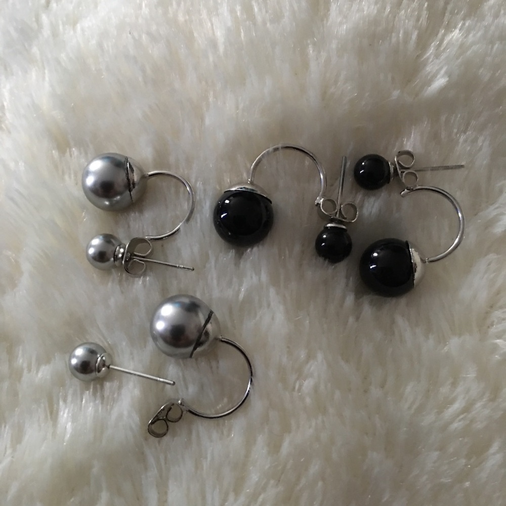 Silver & Black Agate double ball earrings